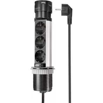 SYGONIX SY-4997104 stikdåsetårn, 6 Schuko-stikdåser, 2 USB-A-porte, 1,5 m kabel, sort/sølv