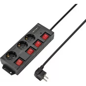 Sygonix RF-4737788 stikdåse med kontakt, 6 Schuko-stikdåser, 1,5 m kabel, sort