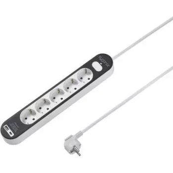 SYGONIX SY-4755368 stikdåse med kontakt, 6 Schuko-stikdåser, 1,5 m kabel, hvid/grå