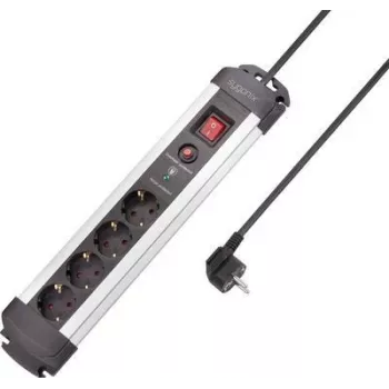 SYGONIX SY-4755610 Overspændingsbeskyttet stikdåse, 6 Schuko-stikdåser, 1,5 m kabel, sølv/sort