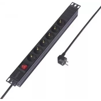Sygonix SY-6736978 19 inch 1U rackmonteret stikdåse, 6 Schuko-stikdåser, 2 m kabel, sort
