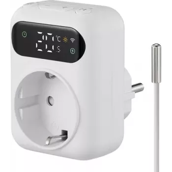 Sygonix SY-6824096 mellemstik-termostat med ugeprogram, 16 A, 3680 W, LCD, frostsikring, børnesikring, hvid