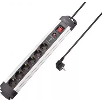 SYGONIX SY-4755612 overspændingsbeskyttelses-stikdåsestribe, 6 Schuko-stikdåser, overstrømsbeskyttelse, sølv/sort, 1,5 m kabel