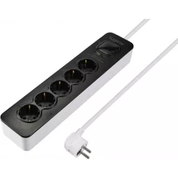 Sygonix SY-6118234 5-vejs stikdåse med kontakt, sort/hvid, 1,5m kabel