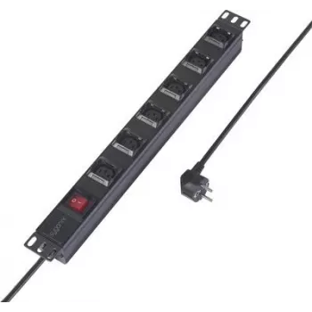 Sygonix SY-6736982 19 inch 6-vejs Schuko PDU-stikdåse, 1U rackmontage, 2m kabel, sort