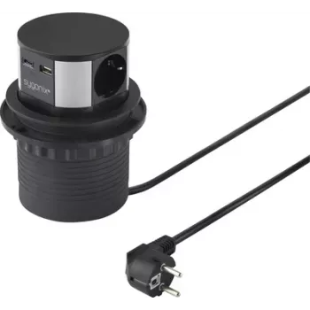 Sygonix SY-6887466 3-vejs stikdåse tårn, sort/sølv, 1,5 m kabel, 3 Schuko-stik, 3680 W, belyst kontakt