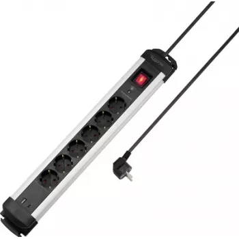 Sygonix SY-6807132 6-vejs overspændingsbeskyttet stikdåse, sort/sølv, 1,5m kabel