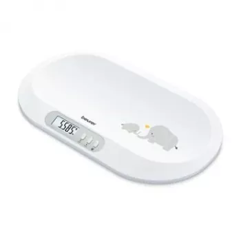 Beurer BY90 intelligent babyvægt med Bluetooth, 20 kg kapacitet, 5 g nøjagtighed, buet vejeflade, LCD-display, hvid