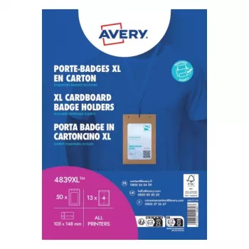 Avery 4839XL navneskilt-holder-sæt med lanyard, A6, 105 x 148 mm, 50 sæt, blå lanyards