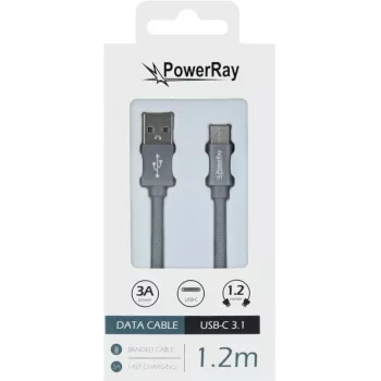 PowerRay datakabel PR-DCUC120TGY USB-A til USB-C 1,2 m tekstil grå flettet hurtigopladning & 5 Gbps data-synkronisering