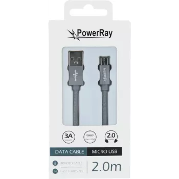 PowerRay USB-til-Micro-USB-datakabel, 2 m, Tekstilgrå, Blister PR-DCUM200TGY