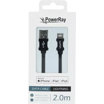PowerRay PR-DCUL200TBK MFi-certificeret USB-A til Lightning flettet kabel, 2 m, sort