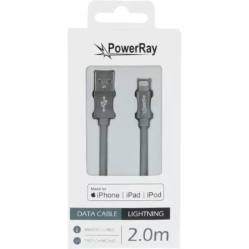 PowerRay PR-DCUL200TGY MFi-certificeret USB-A til Lightning flettet kabel 2 m Tekstil grå