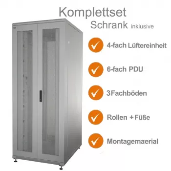 IT-BUDGET 19 inch serverrack SRK komplet sæt - 42U - BxD 800x1000 mm - perforerede dobbeltdøre for + bag - 4 aktive ventilatorer - PDU - hylder - monteret - lysegrå 99ITB19SRK42810DTGM