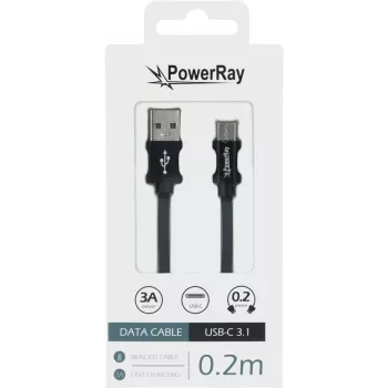PowerRay PR-DCUC020TBK USB-A til USB-C data- og ladekabel, 0,2 m, tekstil sort, blister