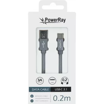 PowerRay datakabel PR-DCUC020TGY, USB-A til USB-C, 0,2 m, tekstilgrå, blister