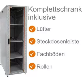 IT-BUDGET 19 inch netværksskab SRK - komplet sæt - 38U - 600x600 mm - glas-/ståldør - 4 aktive blæsere - PDU - hylder - formonteret - lysegrå 99ITB19SRK3866GGM