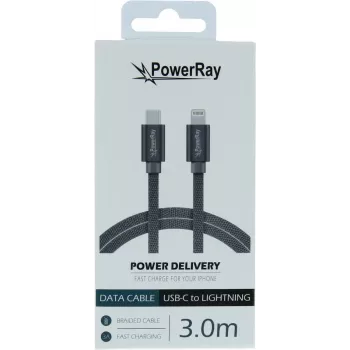 PowerRay USB-C til Lightning flettet kabel 3m tekstil grå PR-DCCL300TGY