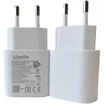 PowerRay PR-TA800EWE 18W USB-C PD vægoplader, EU 2-ben, hvid, bulk