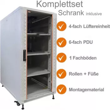 IT-BUDGET 19 inch netværksskab SRK komplet sæt 18U 600x1000 mm glas-/ståldør 4 aktive blæsere PDU hylder flatpack lysegrå 90ITB19SRK18610GG