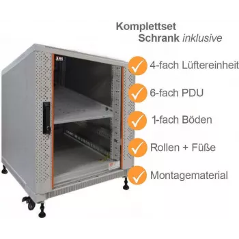 IT-BUDGET 19 inch serverrack SRK komplet sæt - 12U - 600x1000 mm - glas-/ståldør - 4 aktive blæsere - PDU - hylder - monteret - lysegrå 99ITB19SRK12610GGM