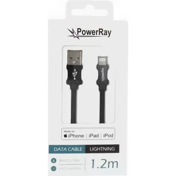 PowerRay PR-DCUL120TBK USB-A til Lightning MFi-certificeret flettet nylon-data- og ladekabel, 1,2 m, sort