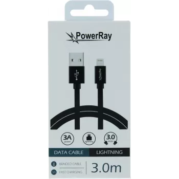 PowerRay USB-til-Lightning-datakabel 3 m tekstil sort PR-DCUL300TBK