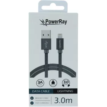 PowerRay USB-til-Lightning-data- og ladekabel 3 m tekstil grå PR-DCUL300TGY