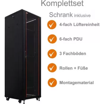 IT-BUDGET 19 inch netværksskab SRK komplet sæt 42U 600x600 mm glas-/ståldør 4 blæsere PDU hylder formonteret sort 99ITB19SRK4266GSM