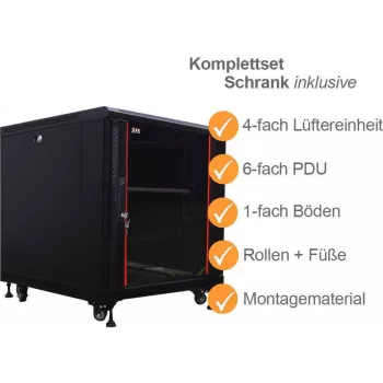 IT-BUDGET 19 inch serverskab SRK komplet sæt 12U 600x1000 mm glas-/ståldør 4 aktive blæsere PDU hylder formonteret sort 99ITB19SRK12610GSM