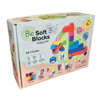 Gerardo's Toys GT3100 blødt byggeklodssæt med hjul, 14 dele (10 byggeklodser + 4 hjuldele)