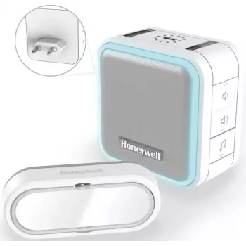 Honeywell DC515SP2L trådløs dørklange med stikdåse-gong og trykknap, 150 m rækkevidde, 6 melodier, hvid