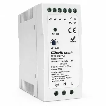 Qoltec DIN-skinne-netadapter 60W 24V 2,5A hvid Slim
