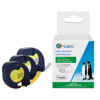 G&G TD-RL-D-91201/2/8-3P mærkebåndssæt, 12 mm, 3-pak (hvid, gul, sølv på sort), kompatibel med DYMO D1