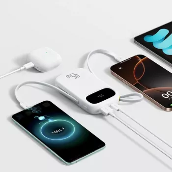 Baseus EnerFill FC31 QPow3 10000mAh 45W powerbank med digitalt display og 2 integrerede USB-C-kabler - hvid