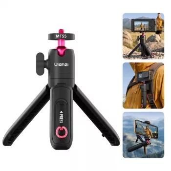 ULANZI MT-55 4-i-1 mini-tripod selfie-stick håndgreb rygsækclip med kuglehoved, 1/4 inch skrue, telefonholder 60-85mm, aluminiumslegering, sort