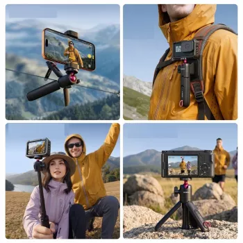 ULANZI MT-55 4-i-1 mini-tripod selfie-stick håndgreb rygsækclip med kuglehoved, 1/4 inch skrue, telefonholder 60-85mm, aluminiumslegering, sort