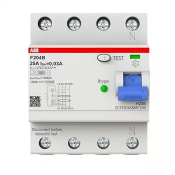 ABB Type B RCCB 4P 25A 30mA 3kA 4 moduler F204B-25/0.03-4TE 2CSF204568R1250