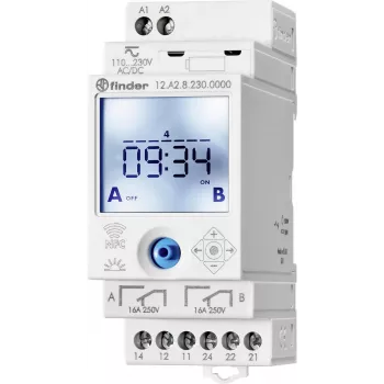 Finder 12A200240000 digital astronomisk tidskontakt, 2-kanal, daglig/ugentlig/astro/helligdag/impuls-programmer, DIN-skinne, 230 V AC, 16 A