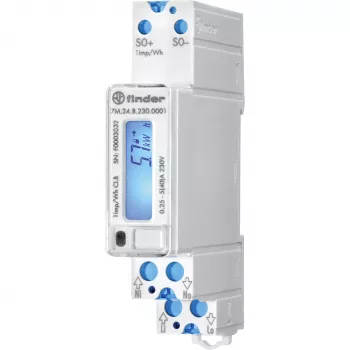Finder 7M.24.8.230.0001 Enfaset digital energimåler, 230 V AC, 5(40) A, klasse 1, LCD, S0-impulsudgang, DIN-skinne, 1 modul, ikke MID-konform