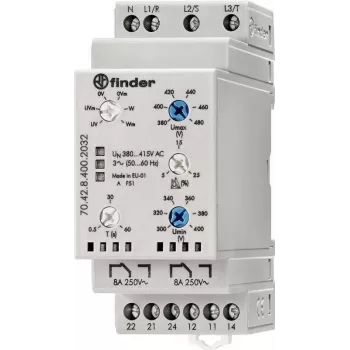 Finder 3-faset overvågningsrelæ, 380-415 V AC, 2 CO, DIN-skinne, 35 mm 704284002032