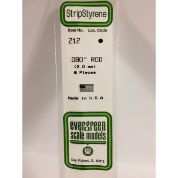 Evergreen 212 polystyren rundstang 2 mm x 350 mm, 6 stk.