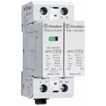 Finder 7P.02.8.275.1012 type 2 overspændingsbeskyttelse, 1-polet, 275 V AC, 60 kA, DIN-skinne