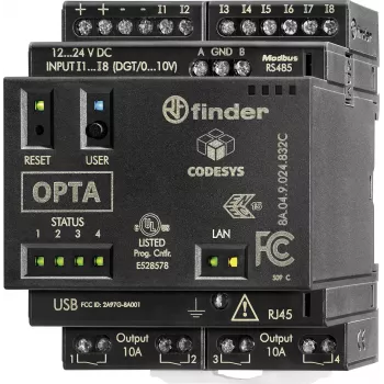 Finder programmerbart logikrelæ (PLR) PLC-styremodul, 24 V DC, 8 digitale indgange, 4 analoge indgange, 4 relæudgange, 8 A, LCD-display, DIN-skinne-montering, 8A.04.9.024.832C