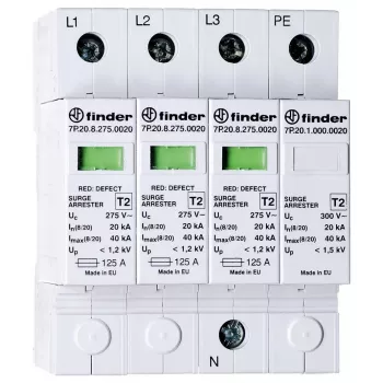 Finder 7P.24.8.275.K110 type 2 overspændingsbeskyttelse til solcelleanlæg, 3-polet, 1100 V DC, 20 kA (8/20 µs), DIN-skinne