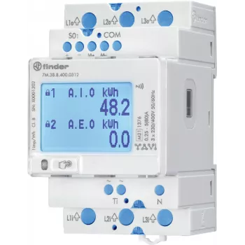 Finder 7M.38.8.400.0312 tre-faset energimåler, direkte tilslutning, 80 A, Modbus RS485, S0-impuls, DIN-skinne, 4 moduler