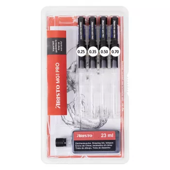 ARISTO mg1 pro Basic tuschpen-sæt, 4 penne 0,25 / 0,35 / 0,50 / 0,70 mm, 5 dele (AR64400)