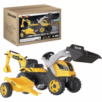 Smoby Builder Max pedal-traktor med anhænger, gul