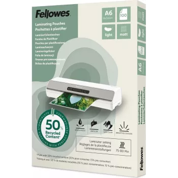 Fellowes A6 matte lamineringslommer 80 mikron, 50% genanvendt, 100-pak 100143438