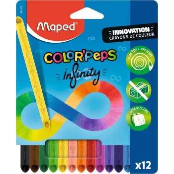 Maped COLOR'PEPS INFINITY trekantet farveblyant-sæt, 12 forskellige farver, holder 10x længere, 100% pigmentkerne, genanvendelig hylster 861602